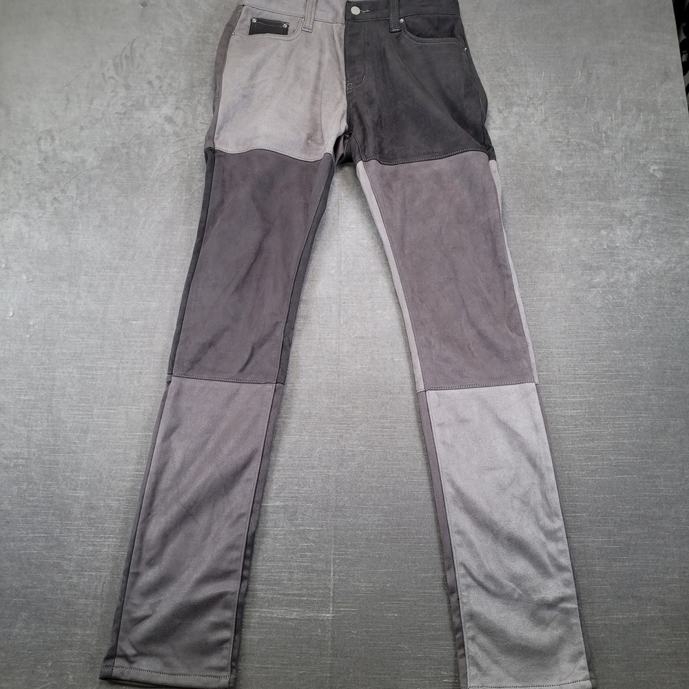 MNML Mens Patchwork Faux‎ Suede Pants Grey Colorblock Straight Leg Size 30 x 35